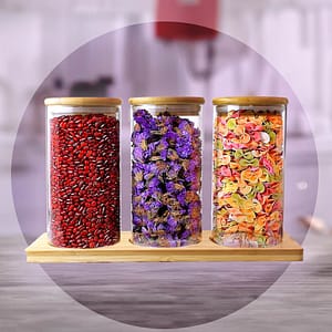 FRASCO DE VIDRIO TAPA MADERA 3PZ 8X16CM LH-3103