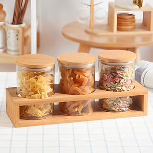 FRASCO DE VIDRIO TAPA MADERA 3PZ 8X20CM  LH-3104