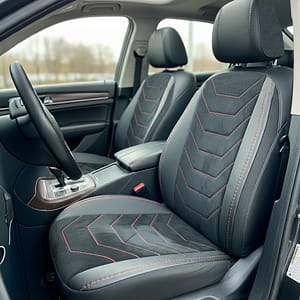 CUBRE ASIENTO SEMI CUERO DETALLES ROJOS LH-4547